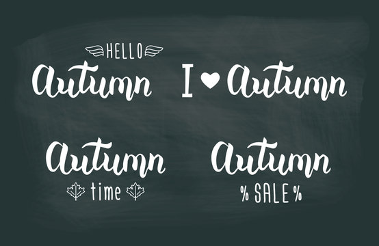 Autumn white handwritten set. Autumn logos and emblems for invitation, greeting card, t-shirt, prints and posters. Hand drawn autumn inspiration phrase. Vector