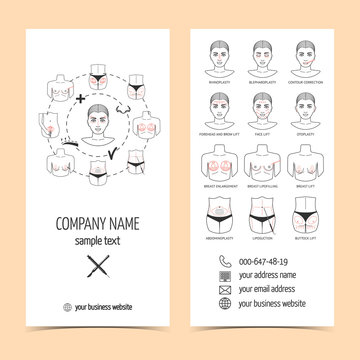Set of flyer, brochure for plastic surgery clinic with line icons. Set of promotional products. Flat design. Vector