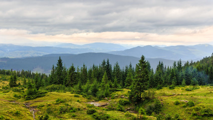 Cloudy summer Carpathian mountains landscape. Chornogora ridge, Ukraine, Europe.