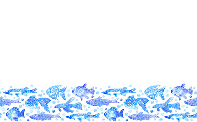 seamless border with stylized blue fish. watercolor hand drawn illustration.white background.white ornament.wrapping marine image