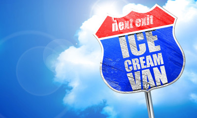 ice cream van, 3D rendering, blue street sign