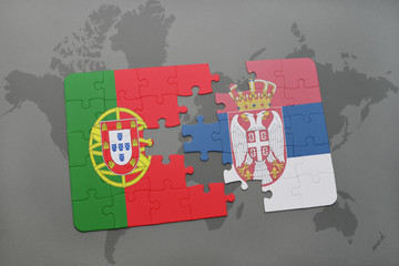 puzzle with the national flag of portugal and serbia on a world map background.