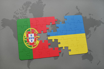 puzzle with the national flag of portugal and ukraine on a world map background.
