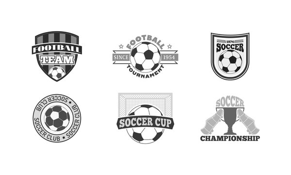 Set of soccer football badge logo design templates. Sport team identity football logo vector isolated on white background. Collection of soccer themed football logo graphics emblem game icon.