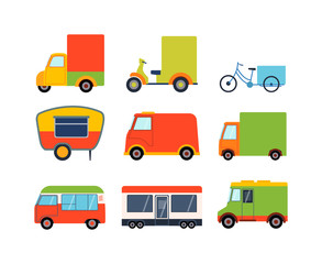 Street food festival color trailers labels set, van restaurant. Cafe urban food truck trailers, mobile market, event and transport. Vector illustration food truck trailers, fast delivery service.