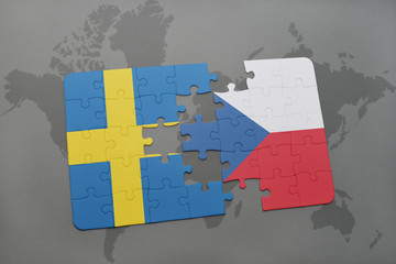 puzzle with the national flag of sweden and czech republic on a world map background.