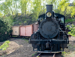 Fototapeta na wymiar Classic train engine and cars on railroad tracks
