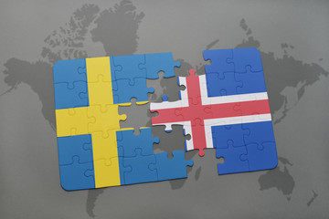 puzzle with the national flag of sweden and iceland on a world map background.