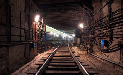 Passing train in the subway tunnel