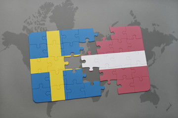 puzzle with the national flag of sweden and latvia on a world map background.