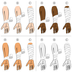 Illustration first aid forearm ethnic, educational simple dressing