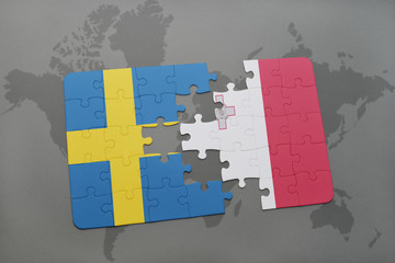 puzzle with the national flag of sweden and malta on a world map background.