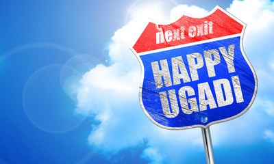 happy ugadi, 3D rendering, blue street sign