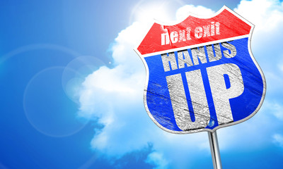 hands up, 3D rendering, blue street sign