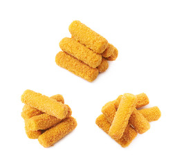 Pile of breaded crab sticks isolated