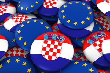 Croatia and Europe Badges Background - Pile of Croatian and European Flag Buttons 3D Illustration