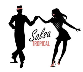 Silhouettes of couple dancing latin music - obrazy, fototapety, plakaty