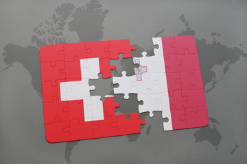 puzzle with the national flag of switzerland and malta on a world map background.