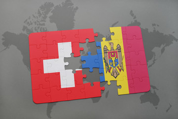 puzzle with the national flag of switzerland and moldova on a world map background.