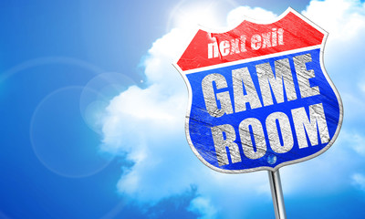 game room, 3D rendering, blue street sign