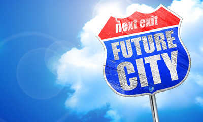 future city, 3D rendering, blue street sign