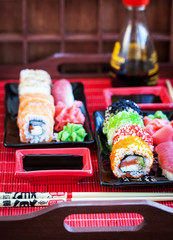 Assorted of fresh delicious sushi and rolls