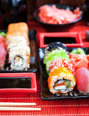 Assorted of fresh delicious sushi and rolls