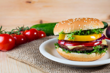homemade hamburger with fresh vegetables, close up