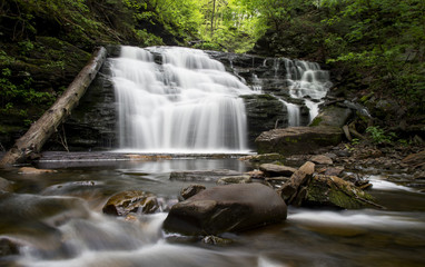 Fototapeta premium A long exposure of a medium sized waterfall in a lush green summer forest.