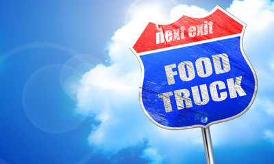 food truck, 3D rendering, blue street sign