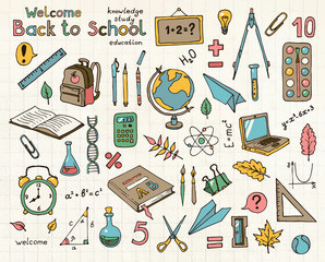 Vector color sketches set of school items.