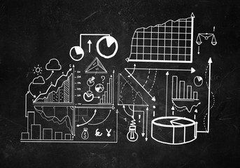 Business plan sketched on wall . Mixed media