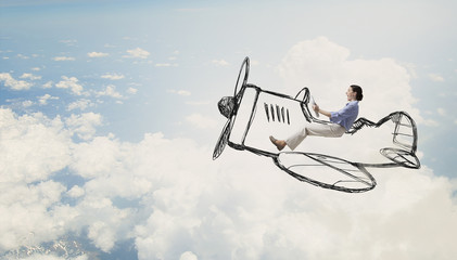 Woman in drawn airplane . Mixed media