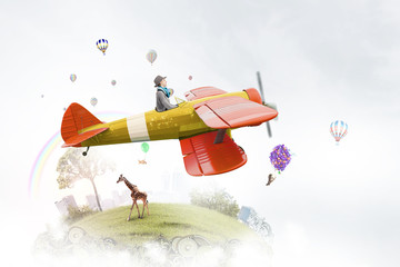 Girl flying old plane . Mixed media