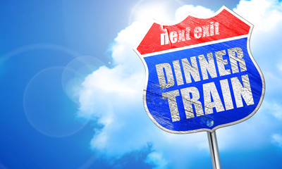 dinner train, 3D rendering, blue street sign