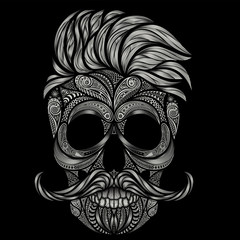 Vector of human skull with hair and mustache of patterns
