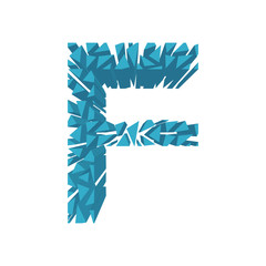 The letter F, in the alphabet broken 3d perspective set blue color isolated on white background