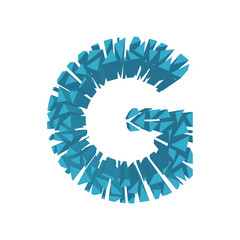 The letter G, in the alphabet broken 3d perspective set blue color isolated on white background