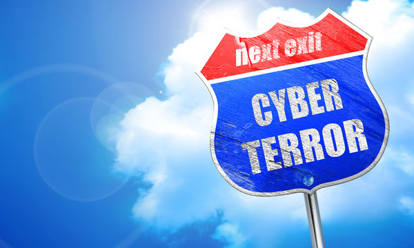 Cyber Terror Background, 3D Rendering, Blue Street Sign