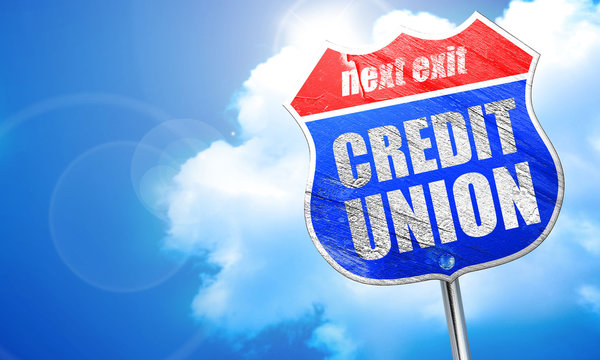 credit union, 3D rendering, blue street sign