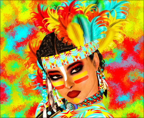 Native American Indian with painted face and feathers. Great image for expressing themes on diversity, culture, heritage beauty and more. Our art is a 3d render