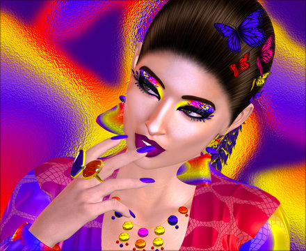 Brunette hair, unique beauty and fashion scene against a floral color background. Feather and Glitter cosmetics and a sexy hairstyle enhance the beautiful face of our digital fashion model. 3d render.