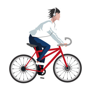 flat design man riding bike with headphones icon vector illustration