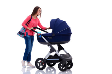 Full length portrait of a mother with a stroller, isolated on white background