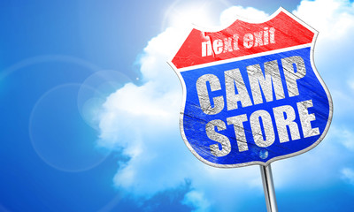 camp store, 3D rendering, blue street sign