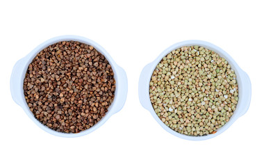 Buckwheat in bowls on background