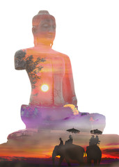 Old buddha double exposure isolated on white background