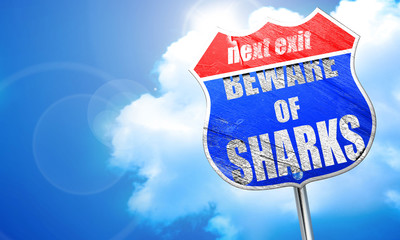Beware of sharks sign, 3D rendering, blue street sign