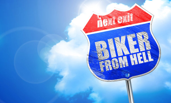 biker from hell, 3D rendering, blue street sign