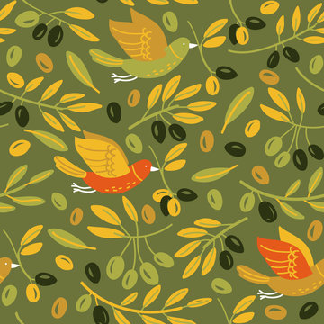 Seamless pattern made of olives and birds